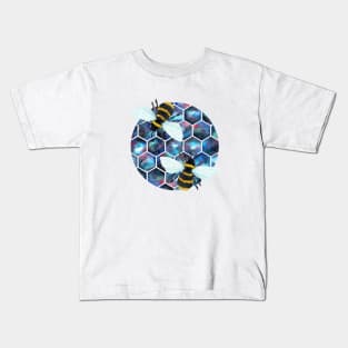 Cosmic watercolor galaxy honeycomb with two space bees Kids T-Shirt